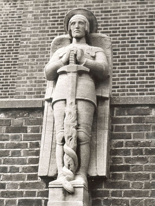 St Michael the Archangel, over the front porch designed and carved by Mr Newbury A. Trent