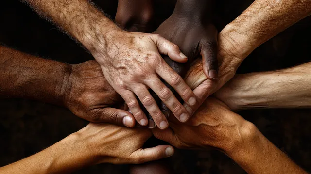 7 multiracial hands on top of each other